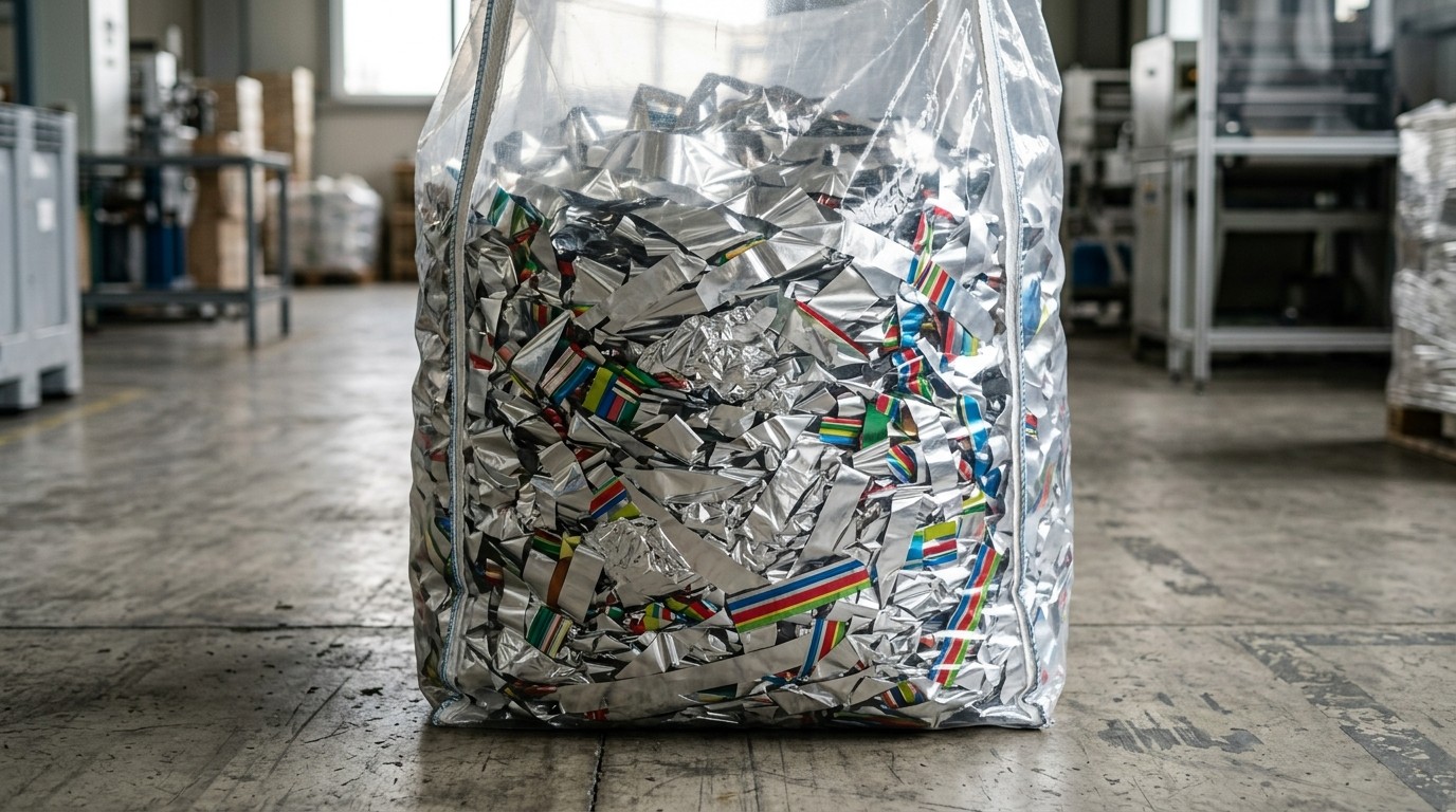 Bundled offcuts of multilayer plastic film awaiting processing at a recycling plant