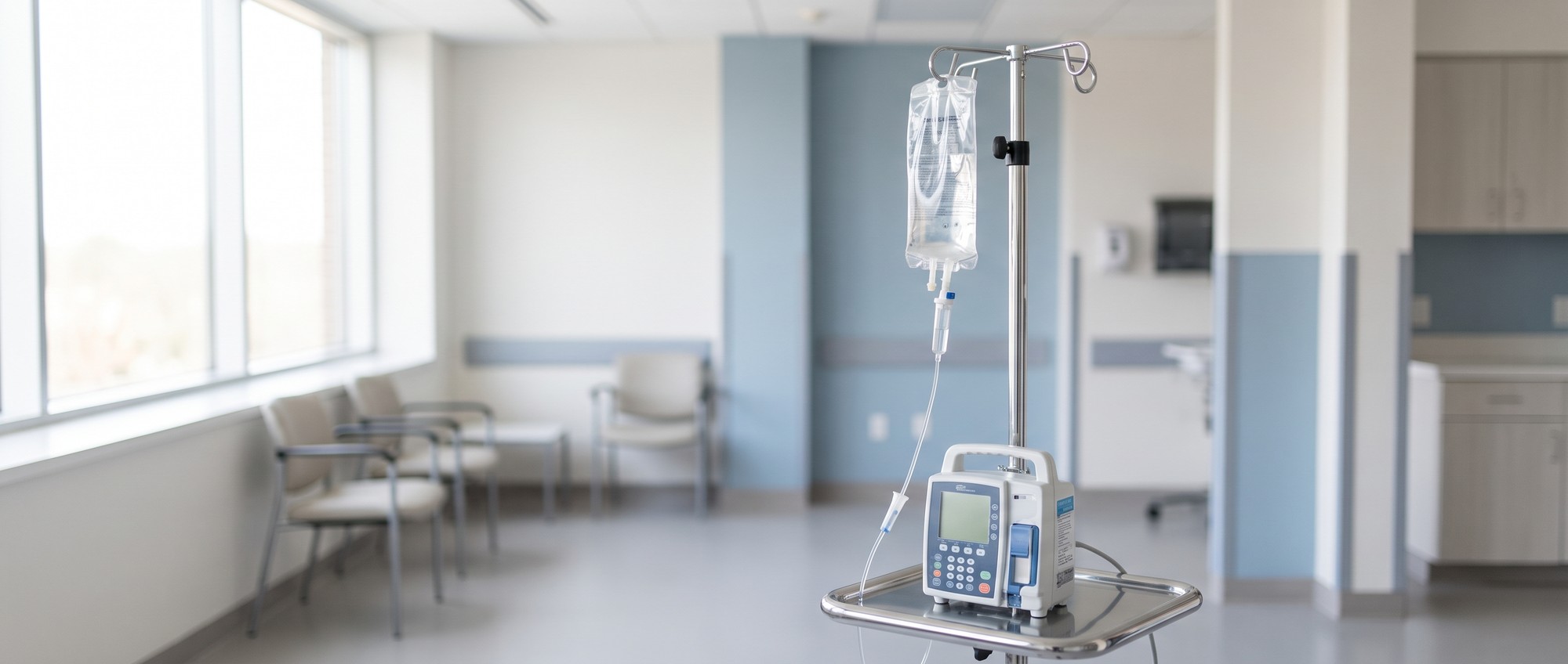 Ocrevus vs Briumvi: How Do These Treatments Compare? Intravenous infusion equipment set up in a modern clinical treatment room