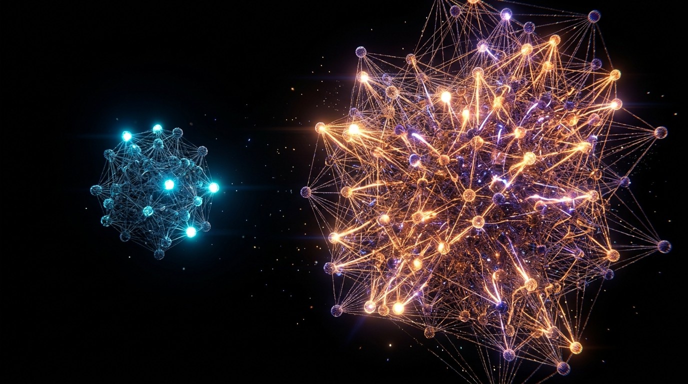 A compact blue-lit neural network core beside a much larger sprawling amber-lit lattice representing two model architectures