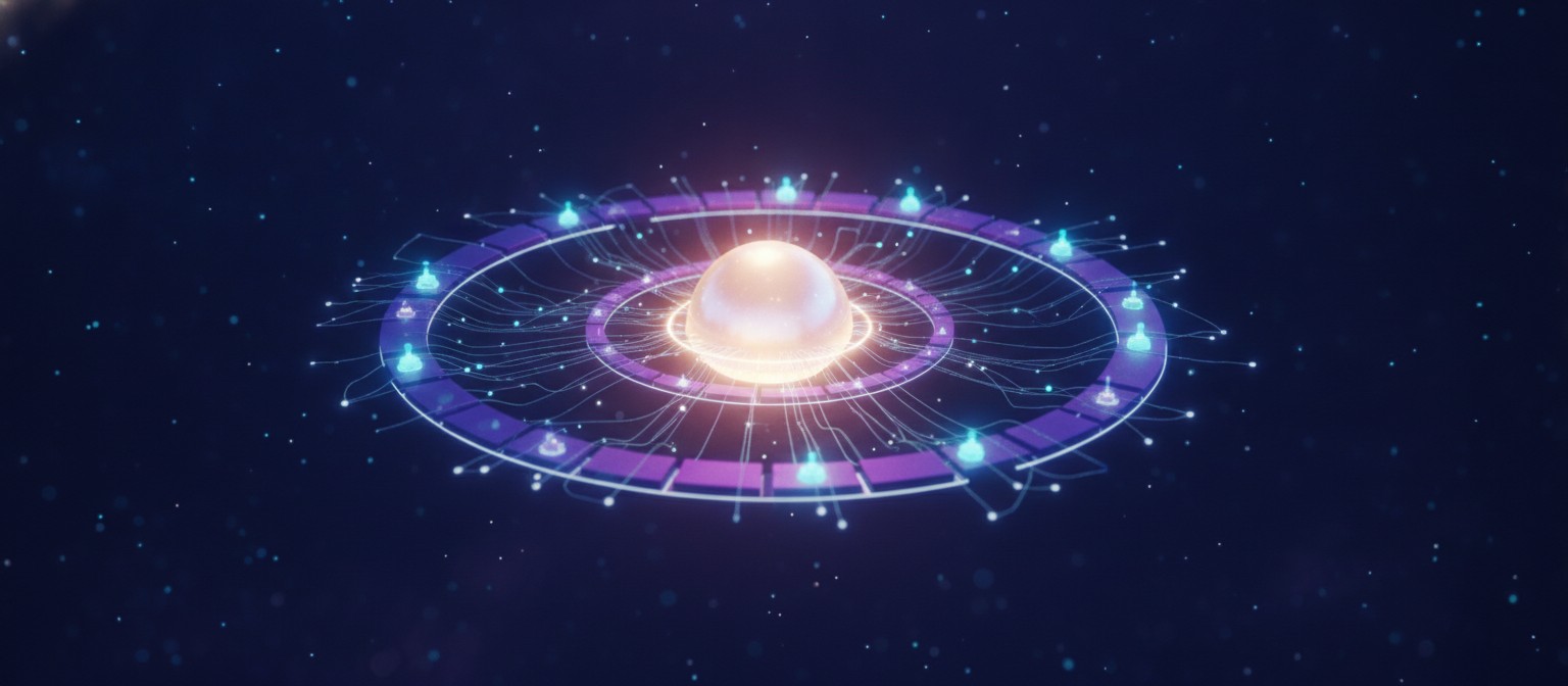 Abstract illustration of a central AI core linked to satellite nodes, representing Muse Wonder's long-running agentic workflows, active memory and active focus