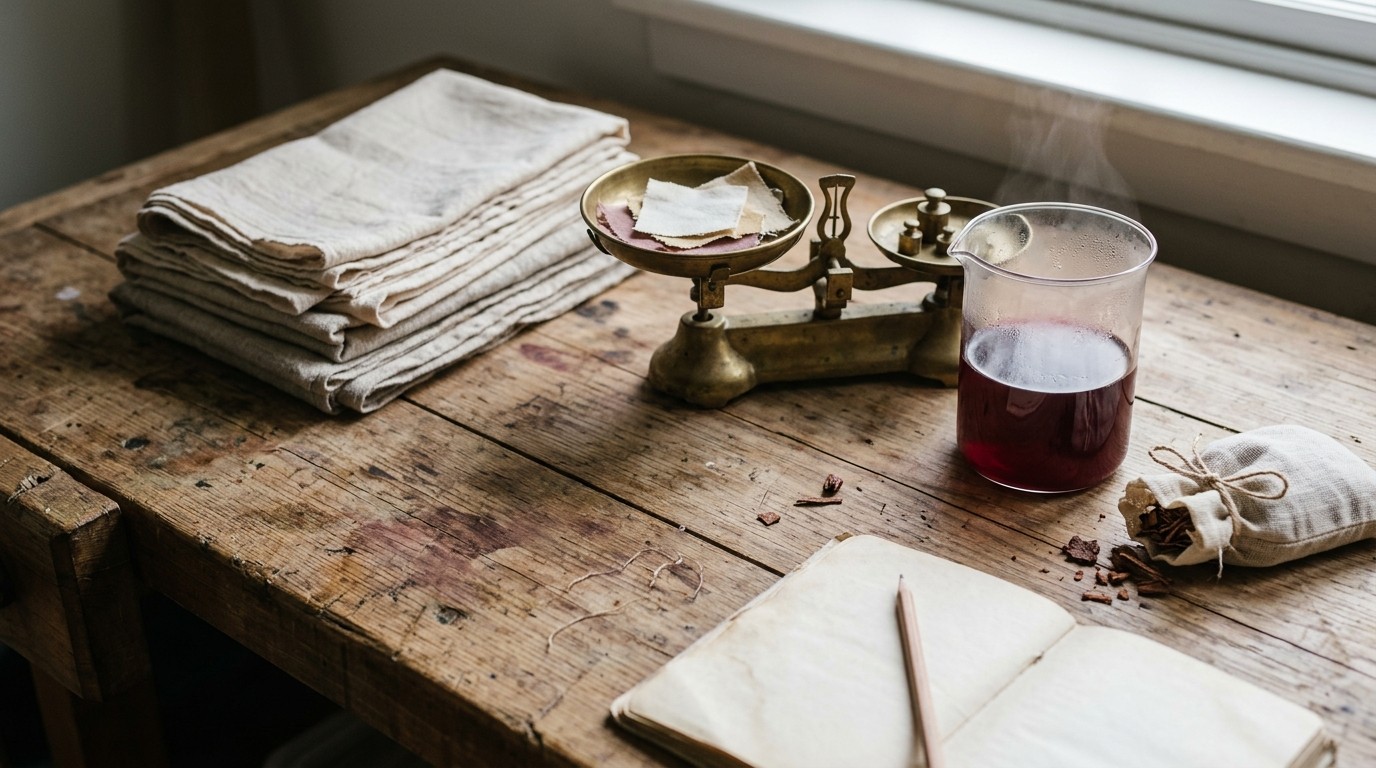 A studio workbench with folded undyed scarves, a small balance scale weighing fabric swatches, and a beaker of burgundy botanical dye liquor.