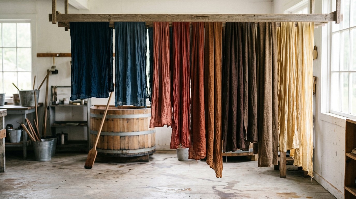 Naturally dyed cotton and wool textiles in indigo, madder red, rust and walnut brown hanging to dry in a workshop.