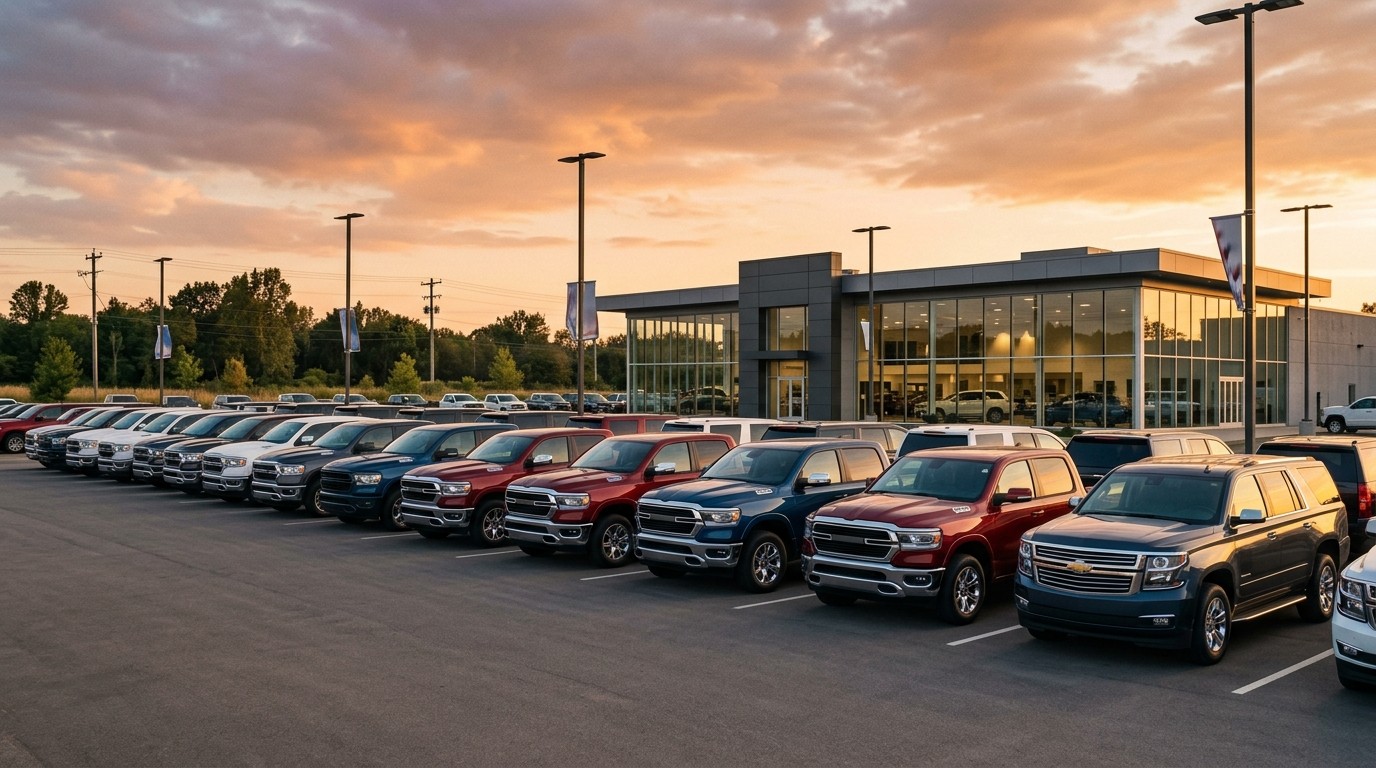 New, Certified Pre-Owned, or Lease: Making the Right Call at a Chevy Dealership Row of new pickup trucks and SUVs on a dealership lot at golden hour