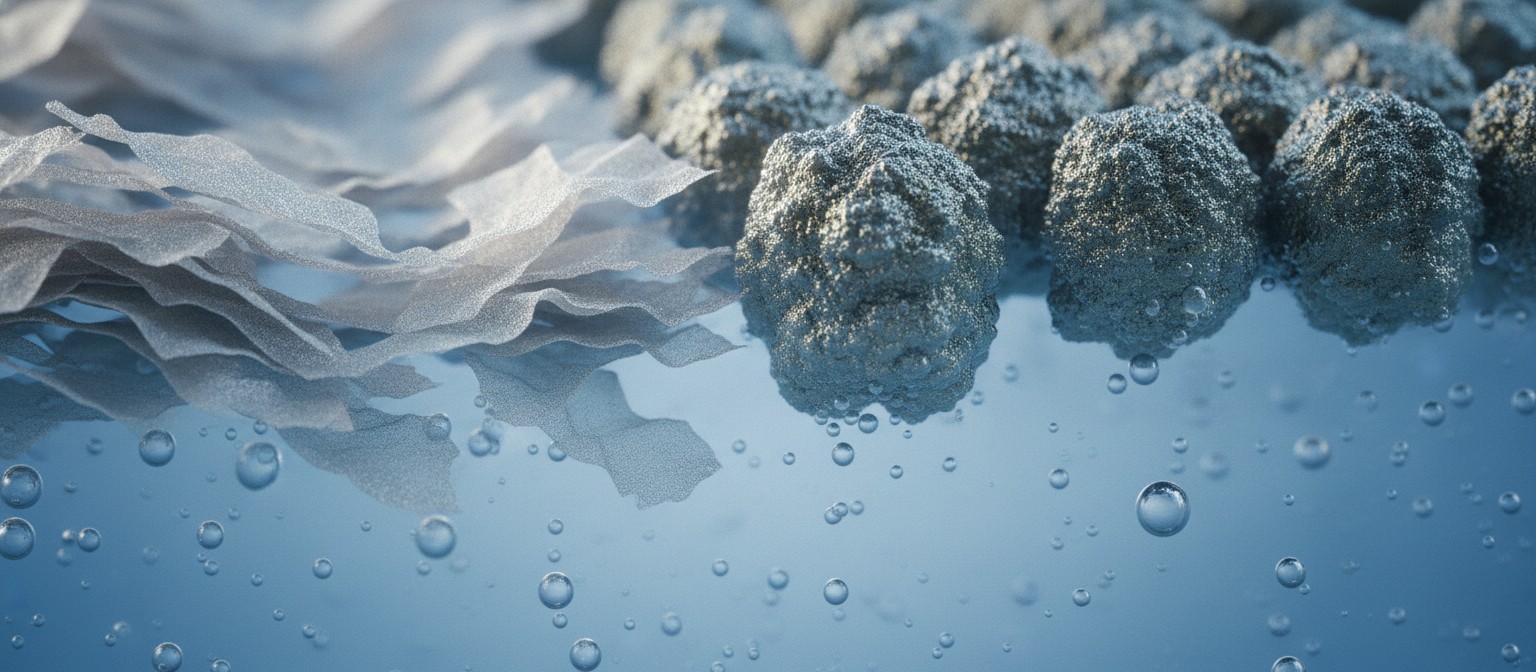 Conceptual close-up illustration of a nickel cobalt heterostructure electrode surface with nickel oxide layer and alloy particles