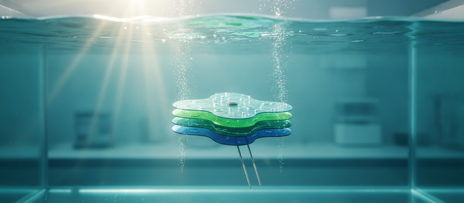Conceptual illustration of NTU artificial leaf device submerged in seawater producing hydrogen and nitrogen bubbles under sunlight