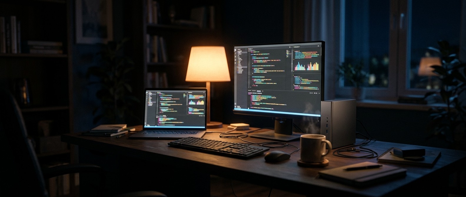 A home office at night with a laptop, monitor and small server running AI coding models offline, code glowing on the screens