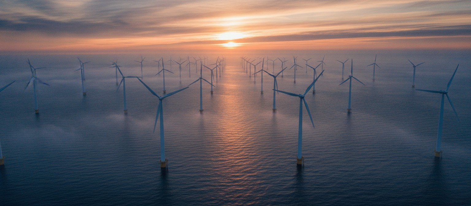 Aerial view of an offshore wind farm at sunrise