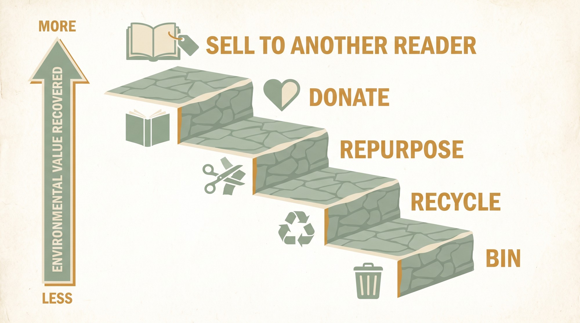 Infographic ranking five options for old books by environmental value, from selling to another reader down to binning