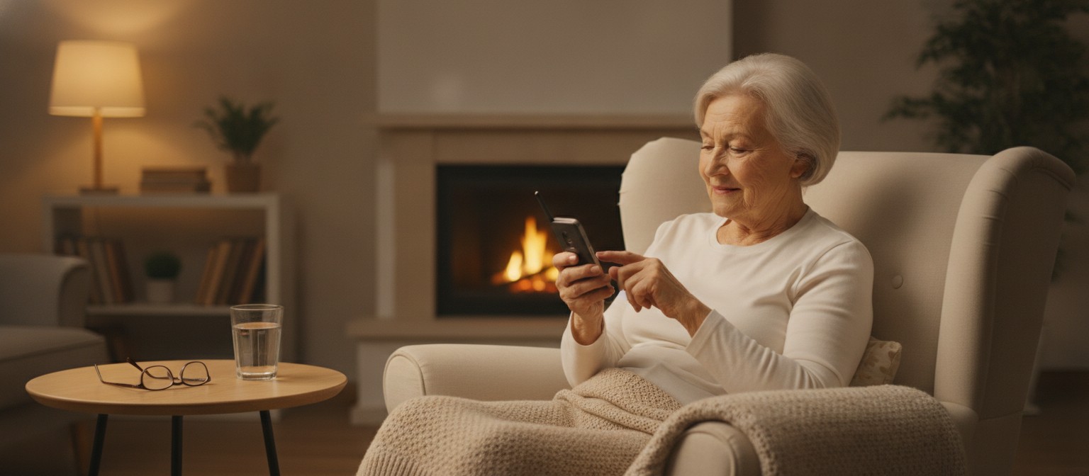 Older adult woman using a large-button phone while sitting comfortably at home