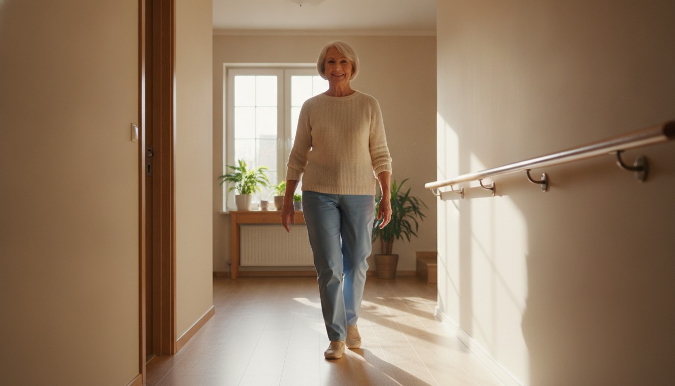 Confident older adult walking unaided down a sunlit hallway with a handrail after balance therapy