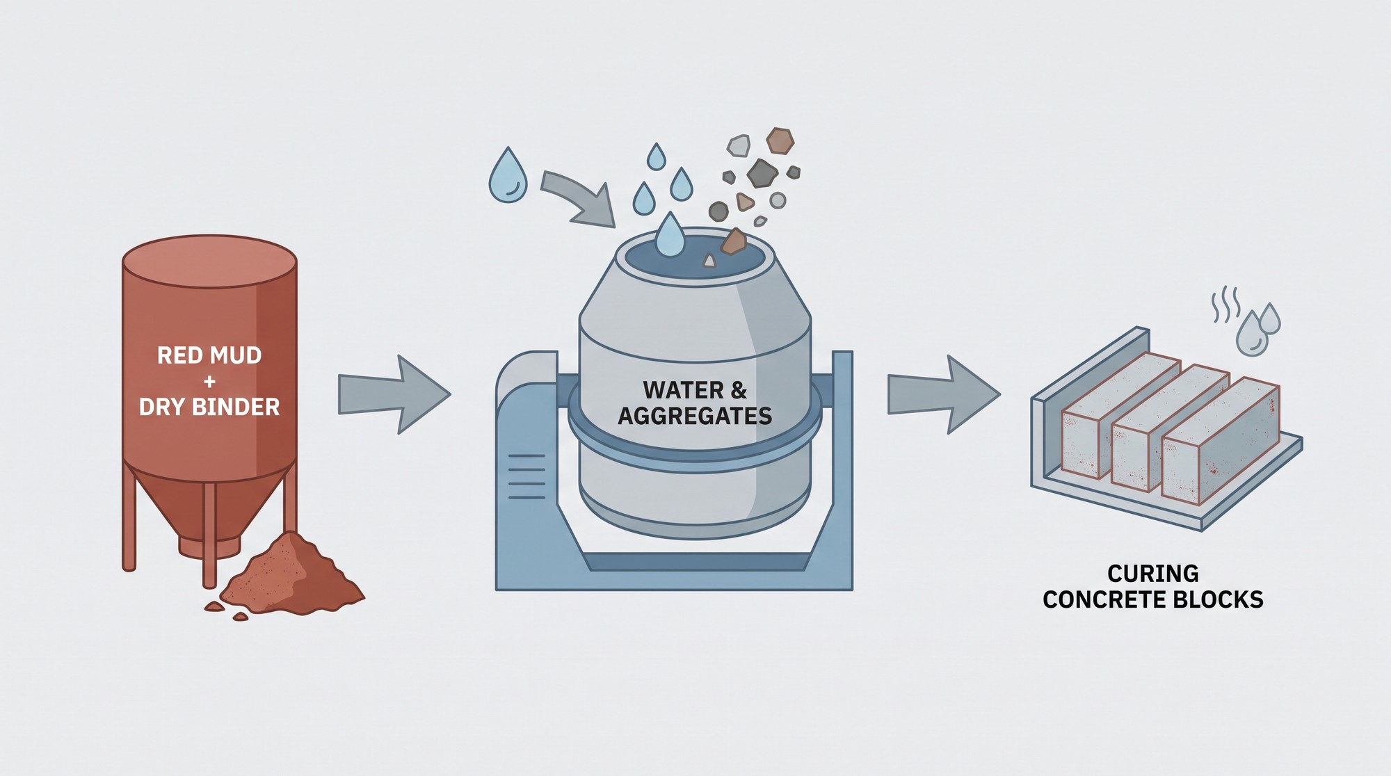 Diagram showing how dry one-part geopolymer binder with red mud mixes with water and aggregates to make concrete