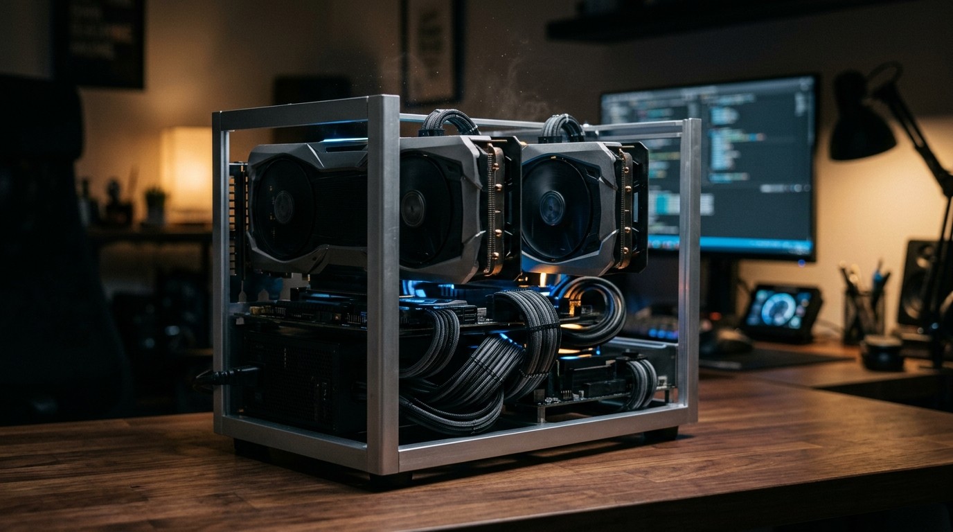 An open-frame multi-GPU computer rig glowing on a desk in a dim home office, representing a home AI server build