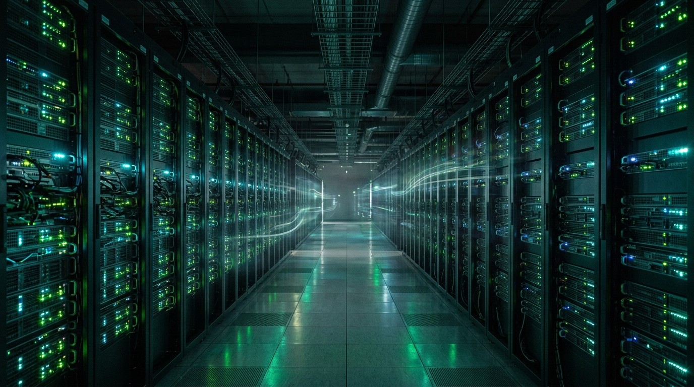 Rows of glowing AI GPU server racks in a dark data center, representing the massive training compute behind open-weight models