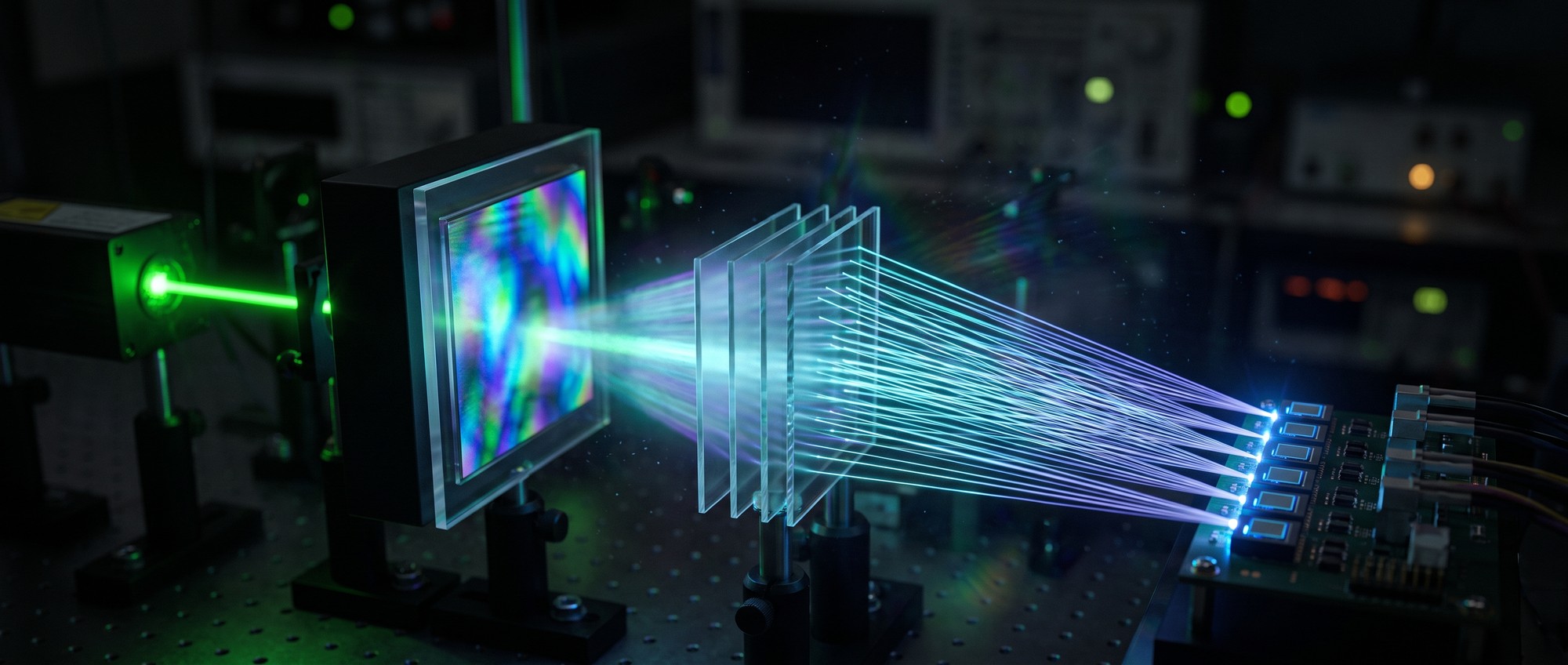 Light-Powered Deepfake Detection: Optical AI Hits 98% Accuracy Artist's rendering of a light-based optical AI processor analyzing multiple deepfake videos in parallel using laser light and diffractive layers