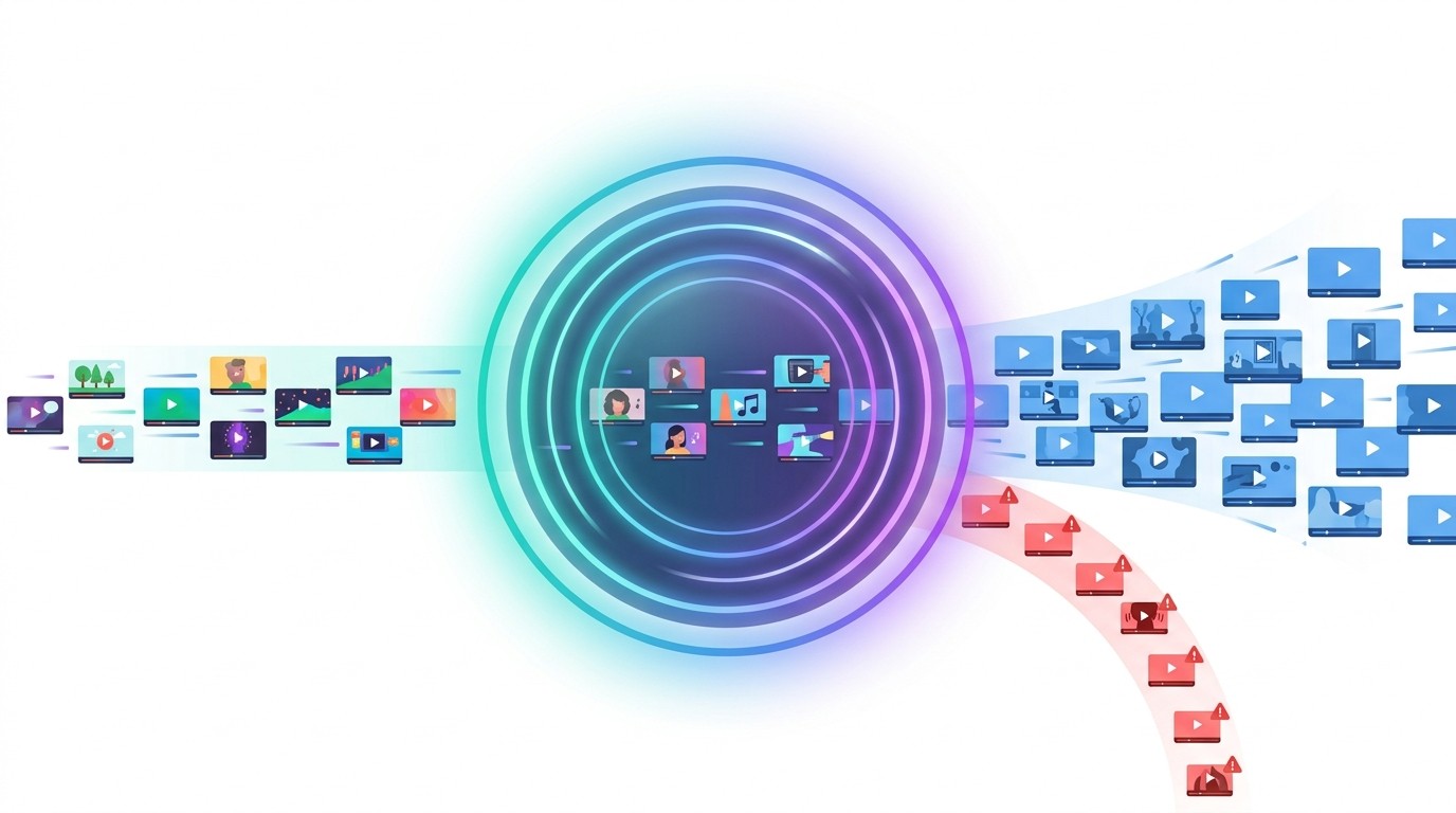 Illustration of a stream of video clips passing through a glowing light-based screening lens, with manipulated clips filtered out in red and authentic clips passing through in blue