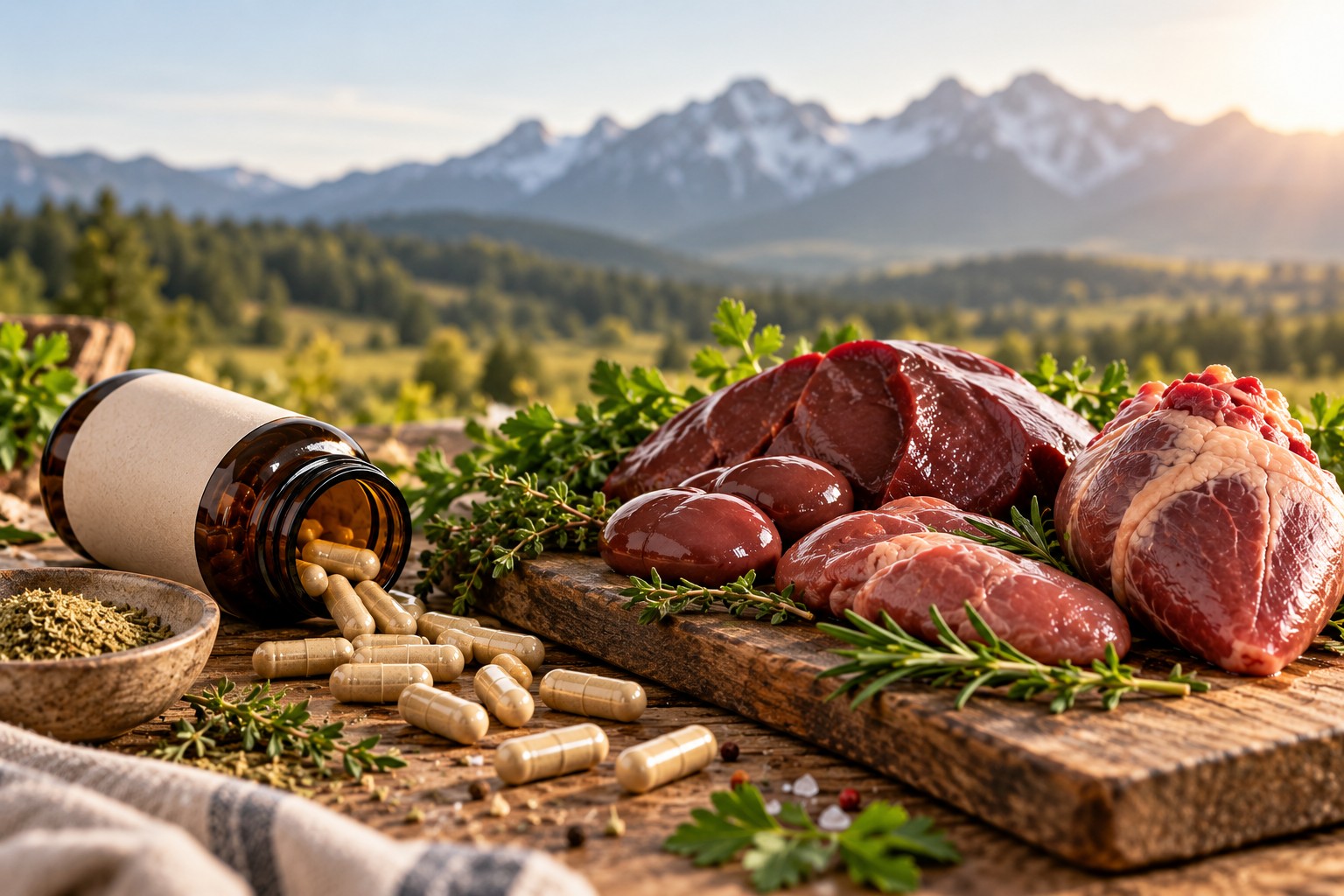 How to Choose an Organ Supplement in 2026: Liver, Multi-Organ Formulas, Sourcing, and More A bottle of organ supplement capsules spilling onto a wooden board next to raw beef organs with mountains in the background.