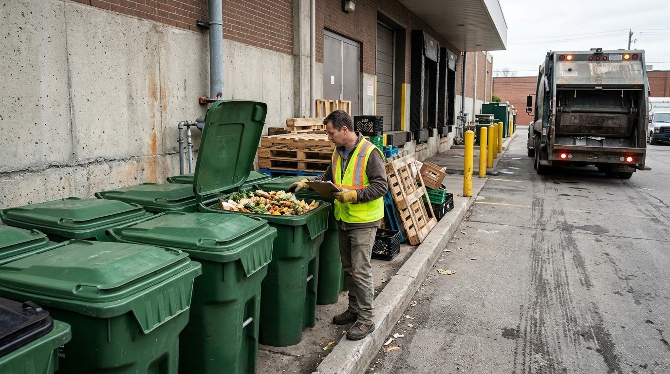 Organics carts on a grocery store loading dock being checked before collection