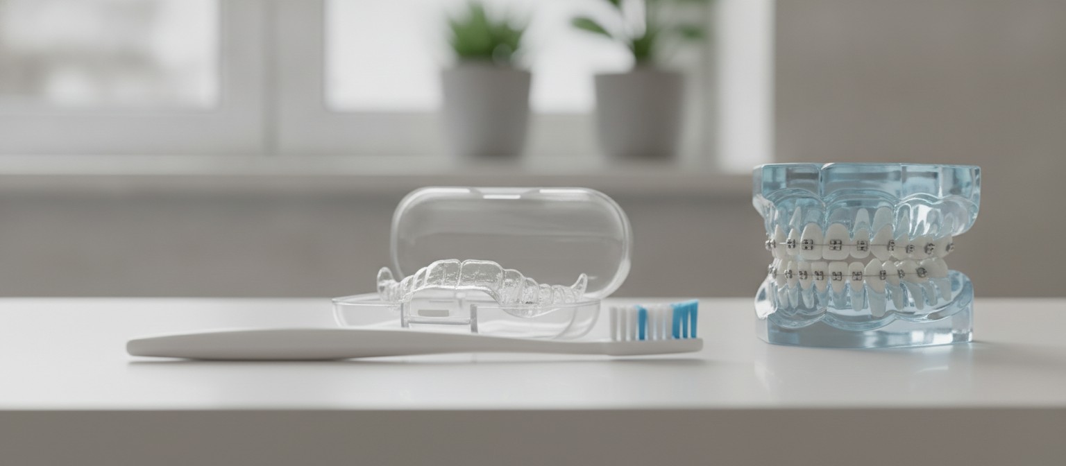 Clear retainer and braces care items arranged on a clean surface to represent orthodontic retention