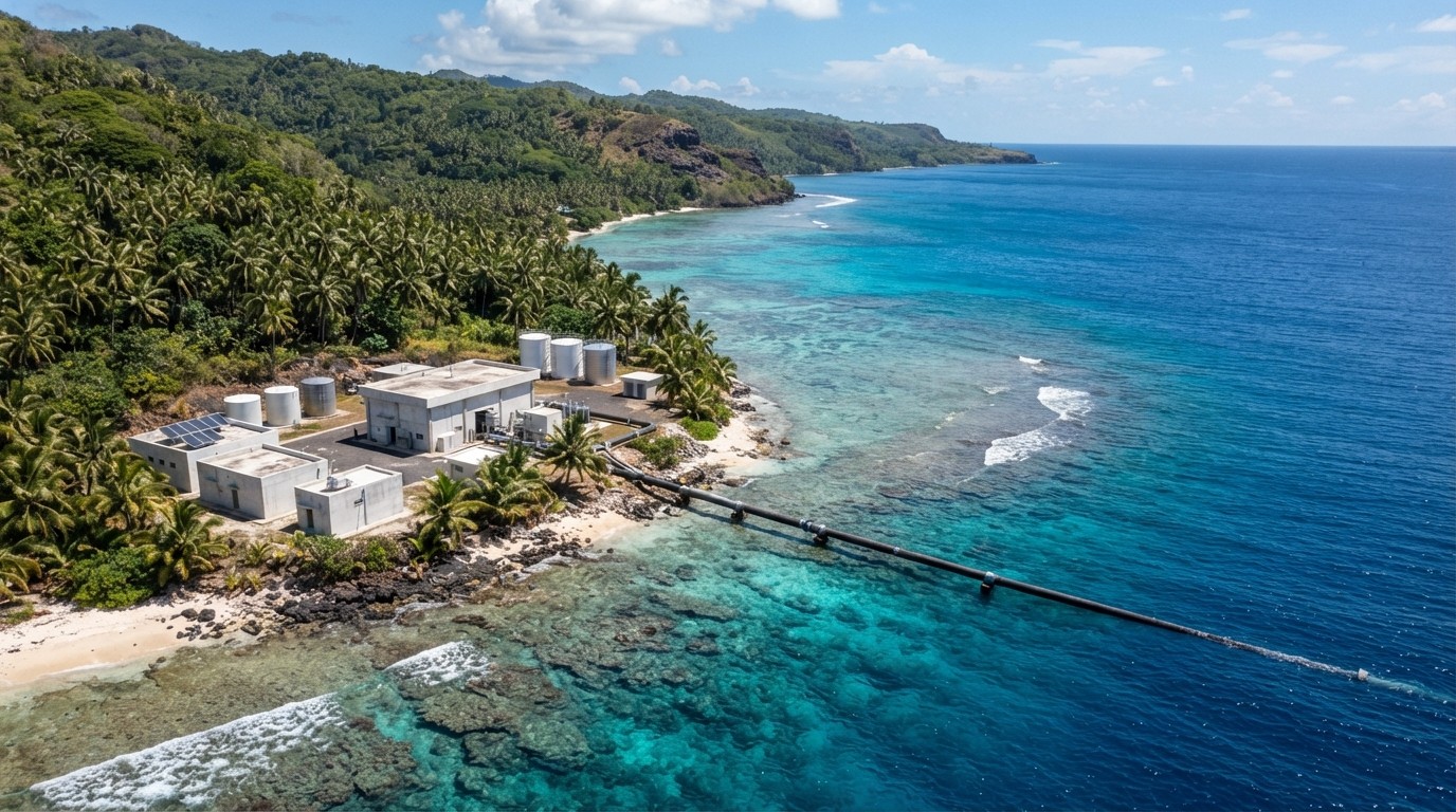 Island ocean thermal energy conversion and desalination facility on a tropical shoreline in the Lakshadweep archipelago