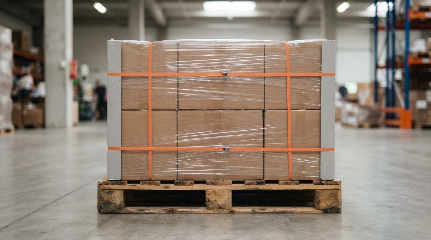 Palletized cartons secured with poly straps, stretch wrap, and corner boards on a warehouse dock