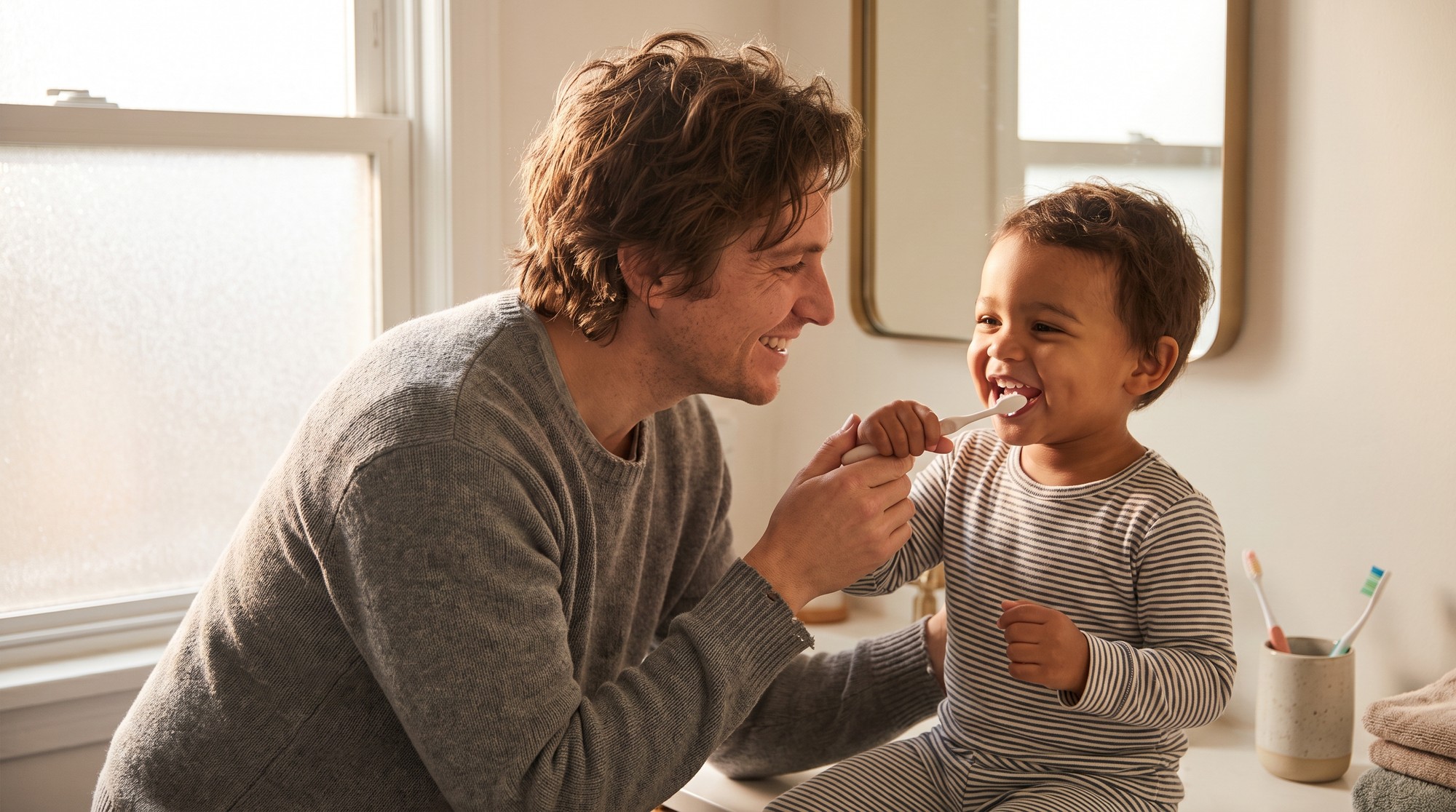 A parent guiding a toddler brushing their teeth with a small amount of fluoride toothpaste in a home bathroom
