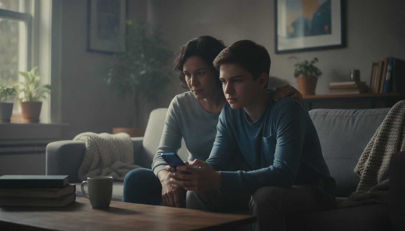 Teenager looking distressed at phone while parent offers support at home