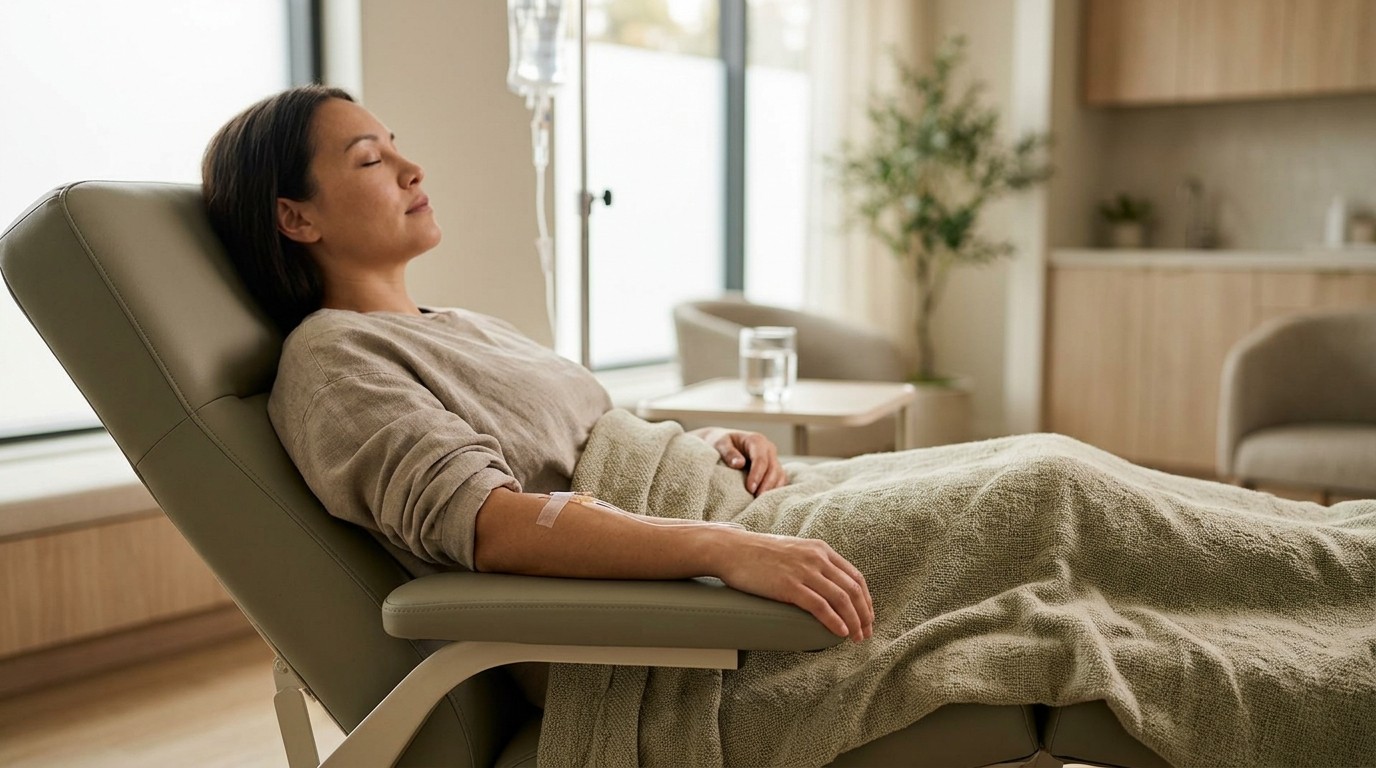 Person resting while receiving intravenous fluids in a treatment room