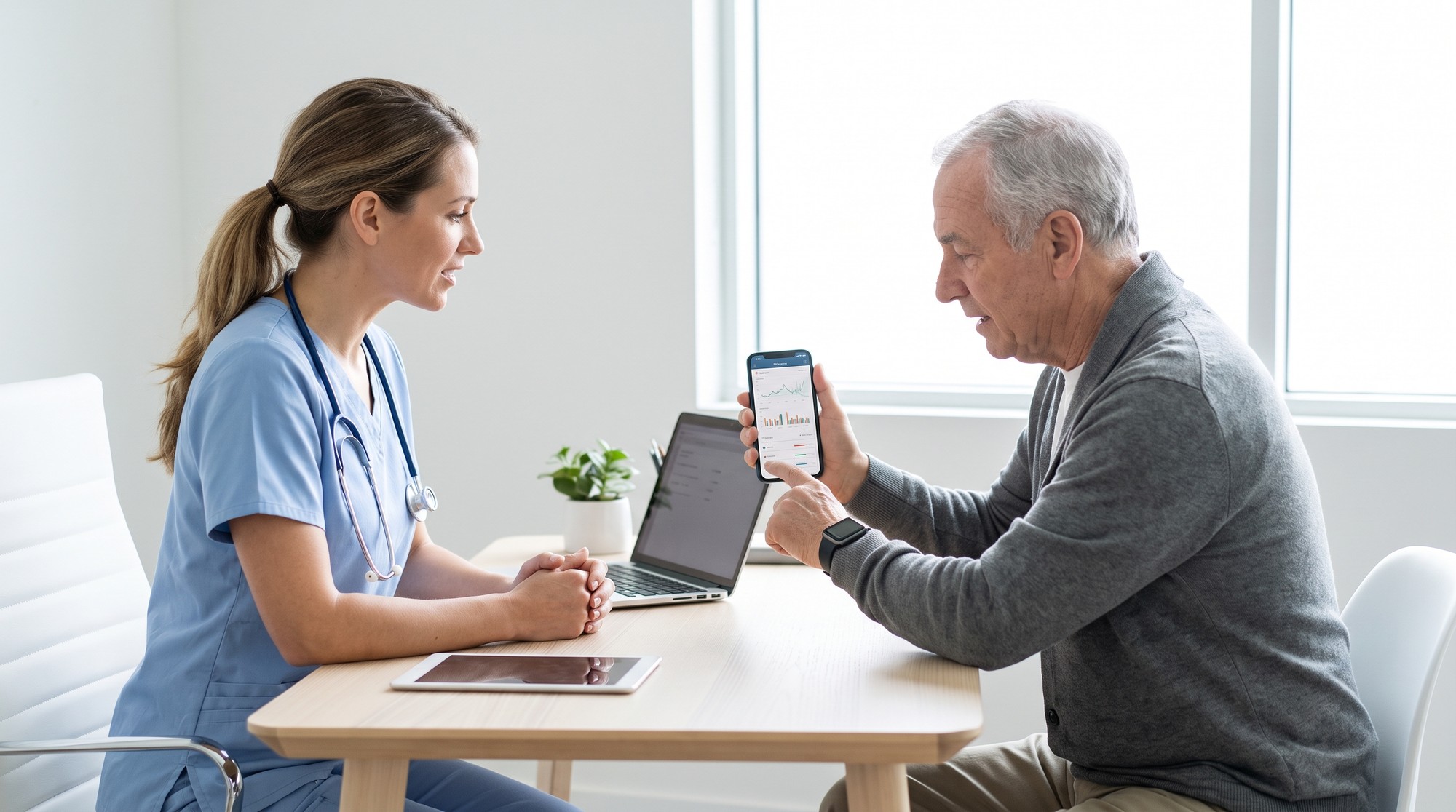 Patient showing a clinician health data from a smartwatch during a clinic consultation
