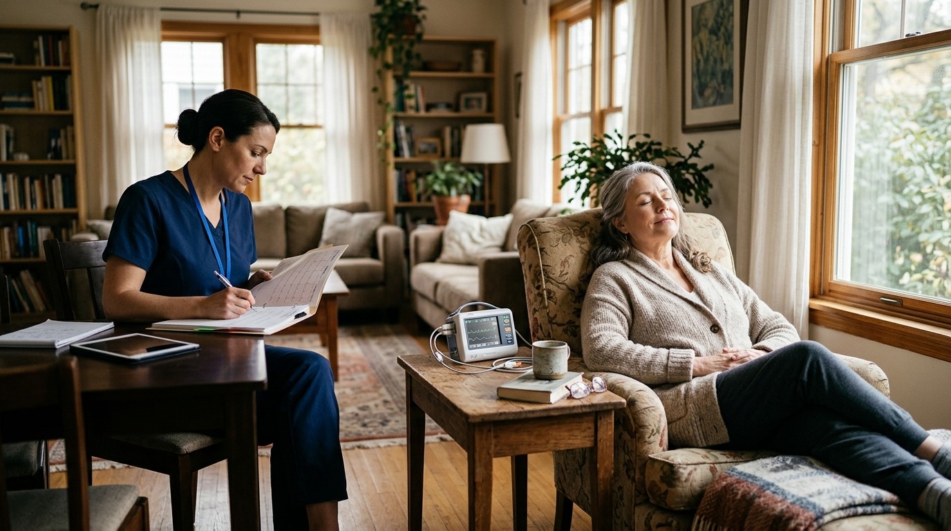 A patient waiting at home for a donor heart using a portable cardiac monitor with a home-care nurse nearby