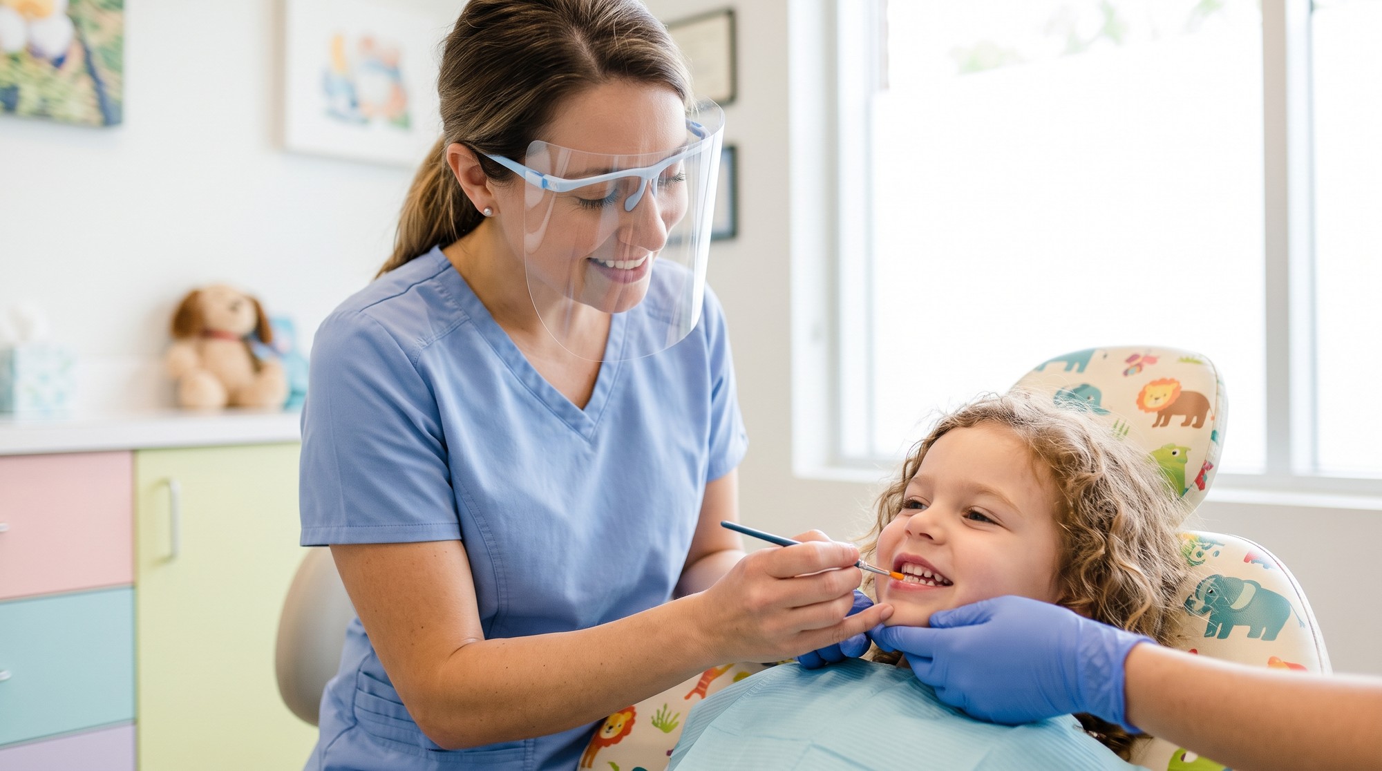 A pediatric dentist applying fluoride varnish to a young child's teeth with a small brush in a bright dental clinic