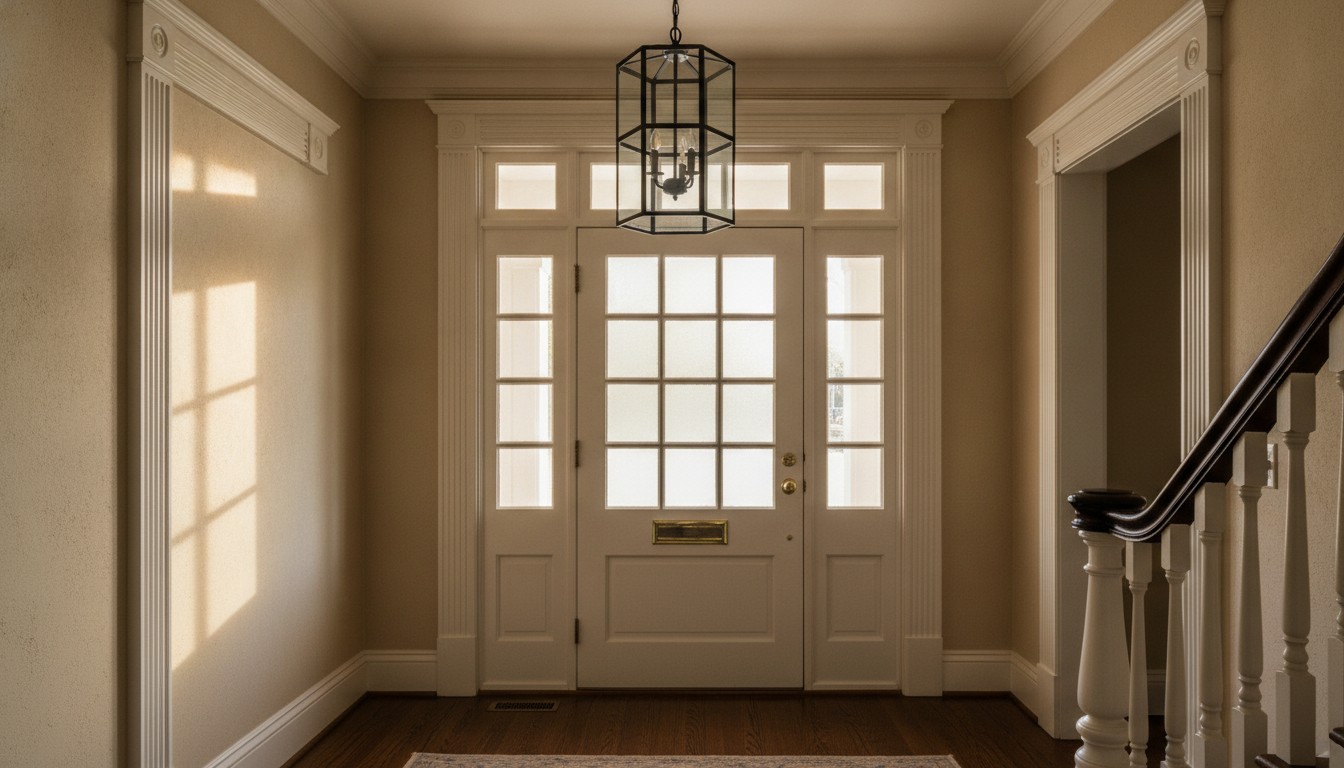 Entryway lantern fixture whose glass grid pattern matches the front door glazing in a period home
