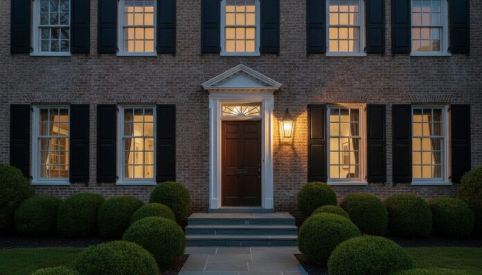period-home-entry-lantern-dusk Black metal lantern with seeded glass mounted beside the front door of a historic Colonial Revival home at dusk