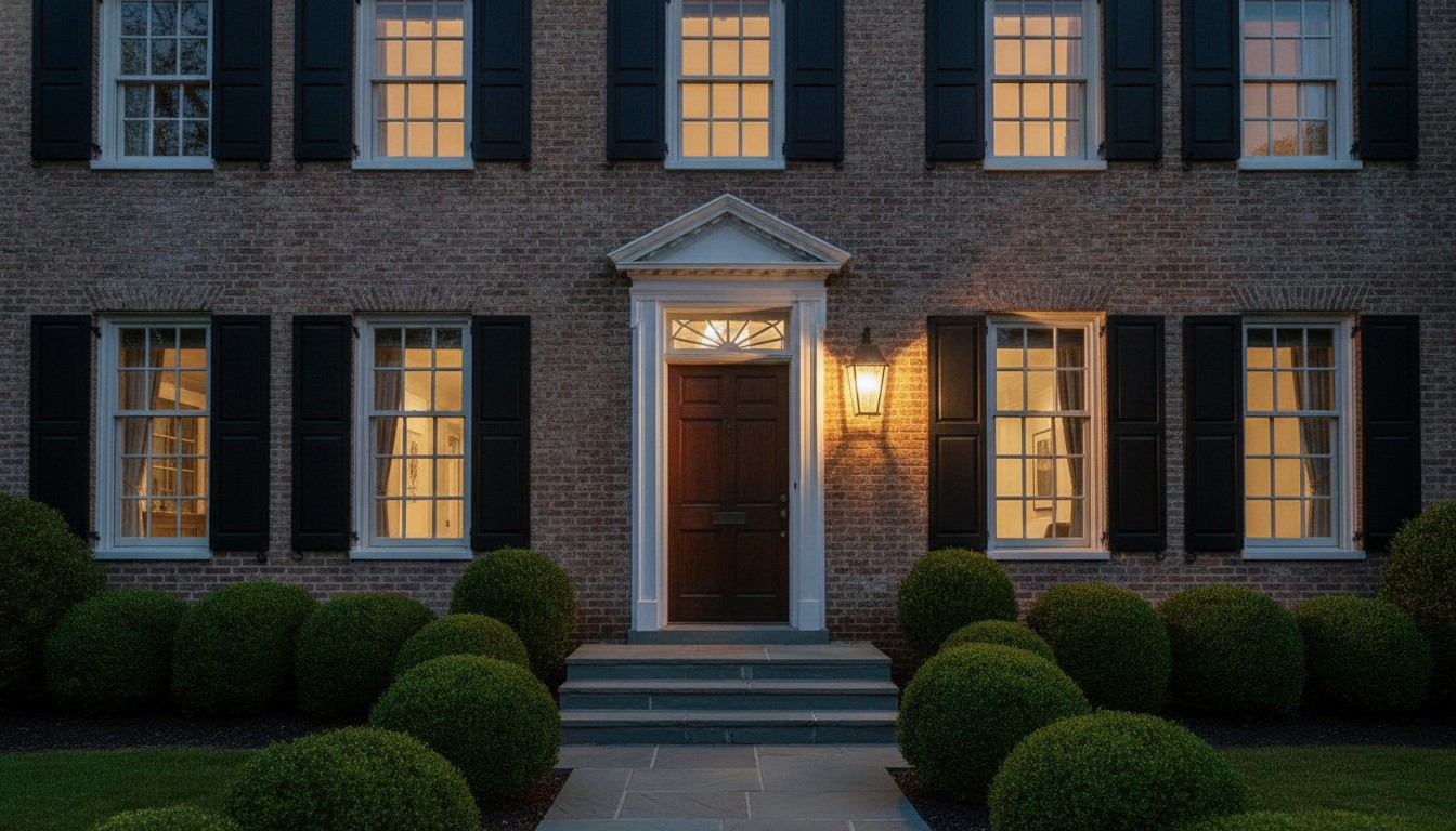 Why Matching Lighting and Architecture Never Goes Out of Style Black metal lantern with seeded glass mounted beside the front door of a historic Colonial Revival home at dusk
