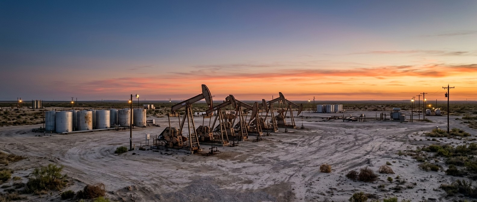 Oil pumpjacks and produced-water storage tanks in a West Texas oil field at dusk