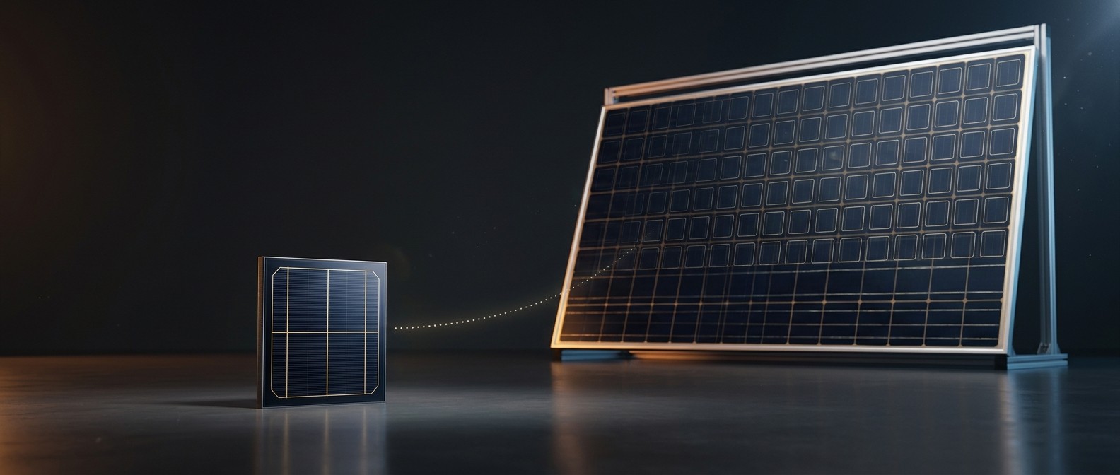 Stacked comparison graphic contrasting a small lab-scale perovskite mini-module square with a large commercial-scale module rectangle