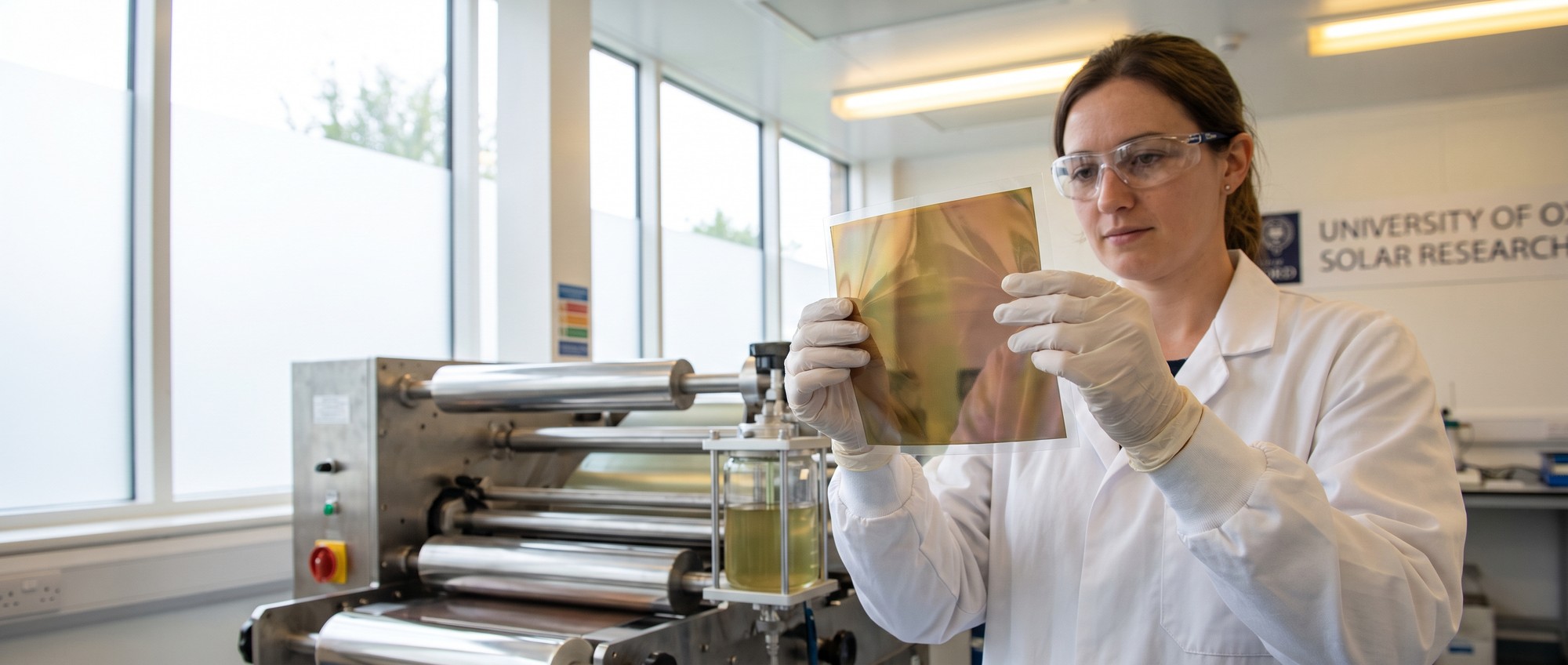 Perovskite Solar Manufacturing’s Real Breakthrough Is a Safer Solvent Researcher in a lab coat holding up a thin flexible perovskite solar film next to a roll-to-roll coating rig