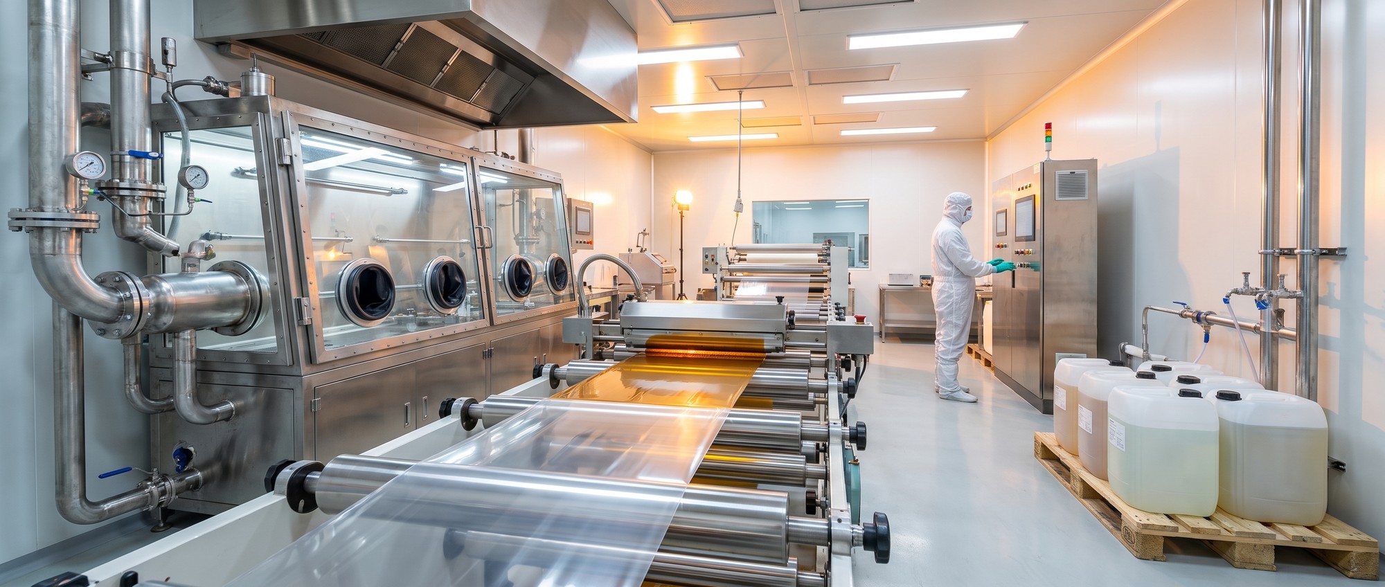 Conceptual visualisation of a perovskite solar coating line with amber ink monitored from a safe distance on the left and sealed bio-derived solvent drums on the right