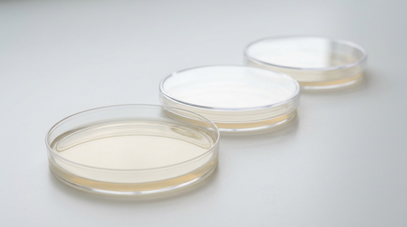 Three petri dishes of clear agar on a clean laboratory bench