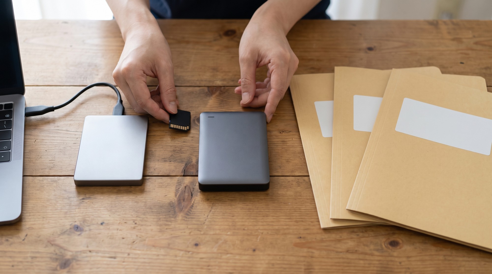 An overhead view of external hard drives, a memory card, and labeled folders used to back up original photo files