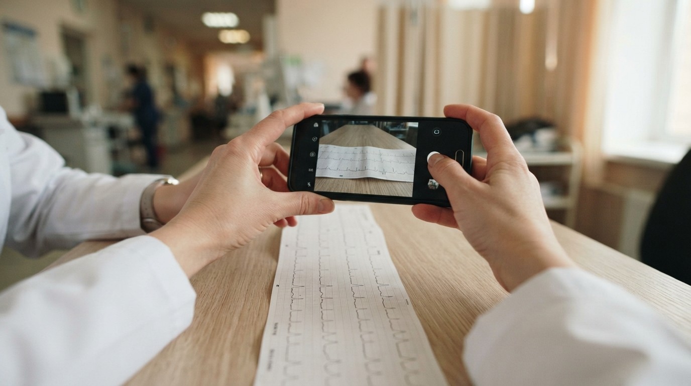Hands in a white coat photographing a printed ECG rhythm strip with a smartphone