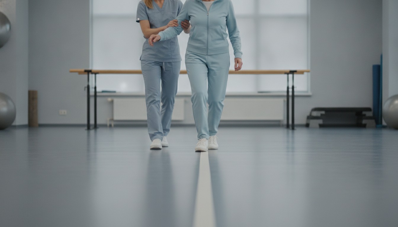 Physical therapist guiding an older woman through a heel-to-toe gait training drill on a clinic floor