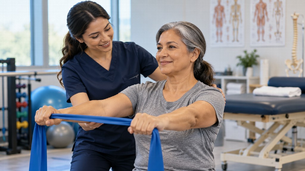 Massage Therapy and Physical Therapy Careers: Paths Into Hands-On Healthcare A physical therapist guiding an older woman as she exercises with a blue resistance band in a clinic.