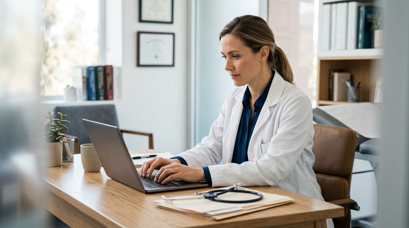 Female physician reviewing a patient's health information on a laptop in a modern clinic office