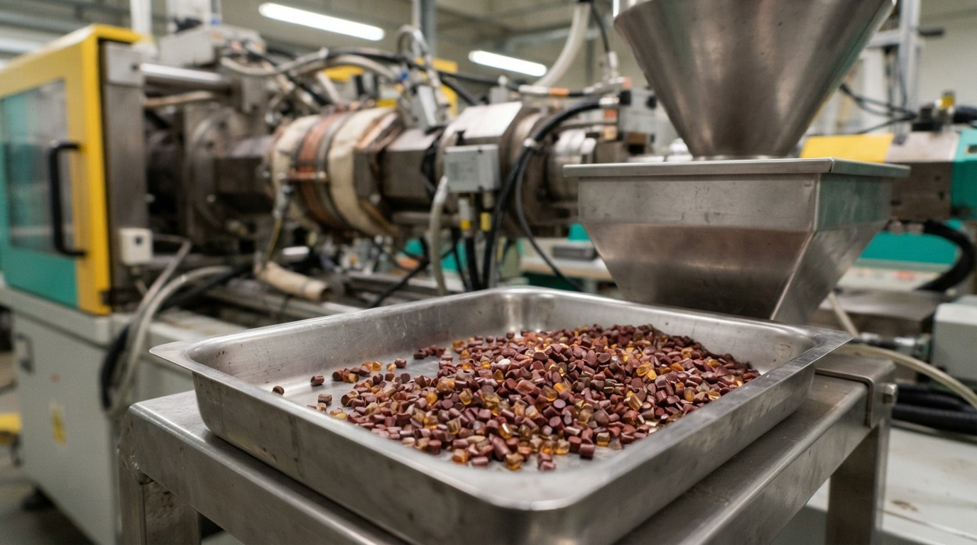 Close-up of plastic purging compound pellets used to clean molding machine barrels