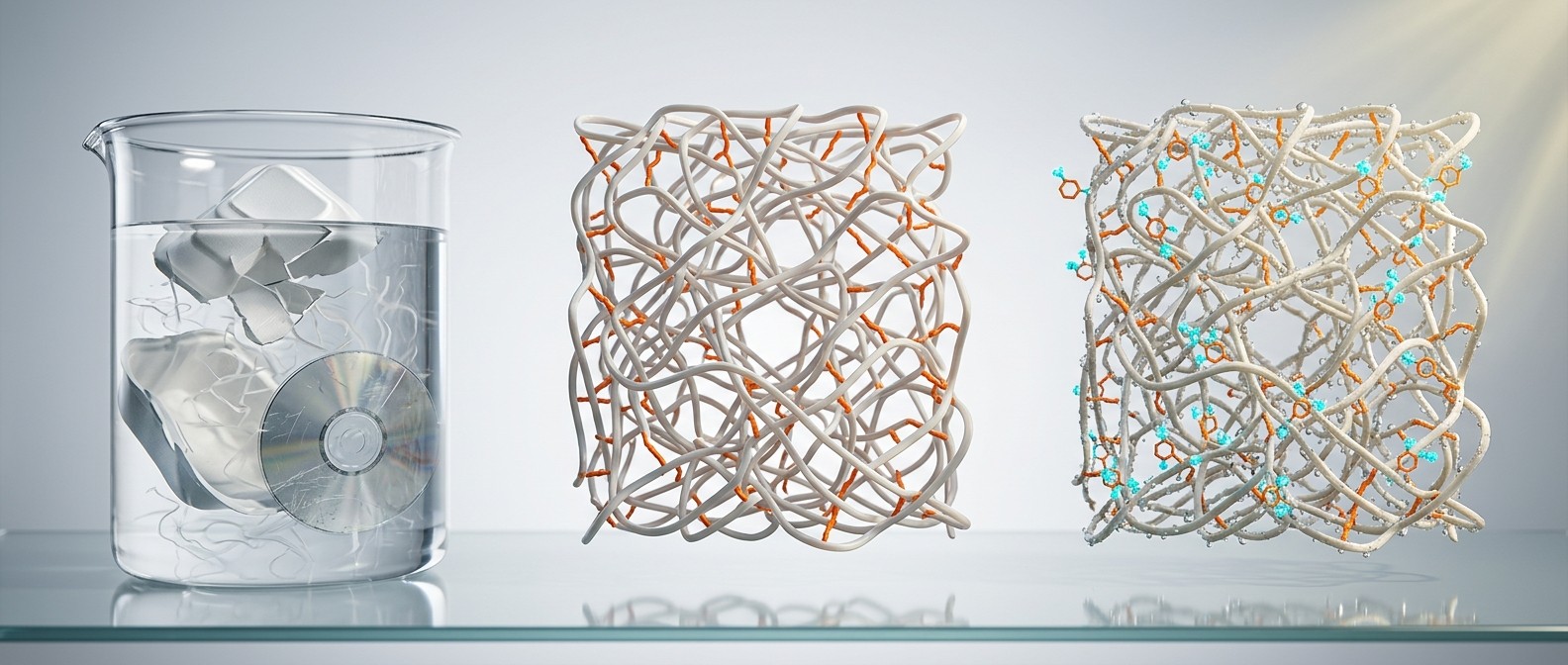 Three-step diagram showing waste plastic being dissolved, crosslinked into a porous network, and treated with sulfuric acid to become a water-attracting sponge