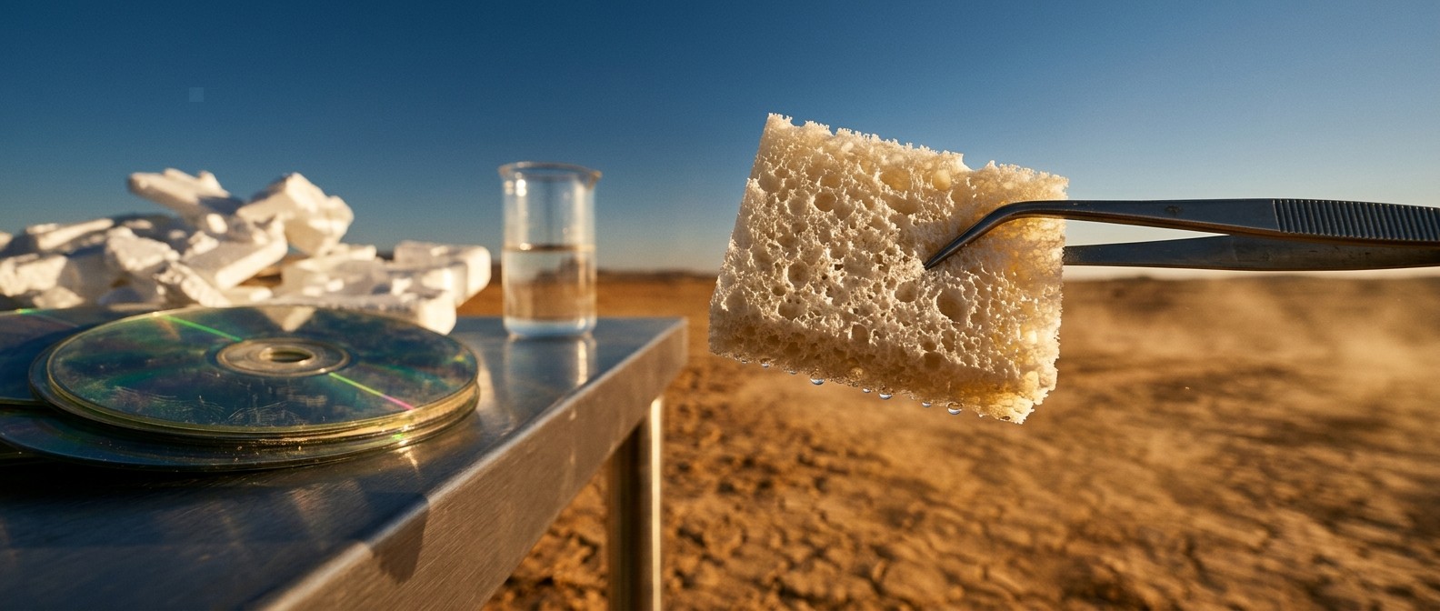 Plastic Waste Water Harvesting: How Old CDs Pull Water From Desert Air Conceptual representation of a porous polymer sponge, made from waste plastics, held in tweezers above a dry desert landscape