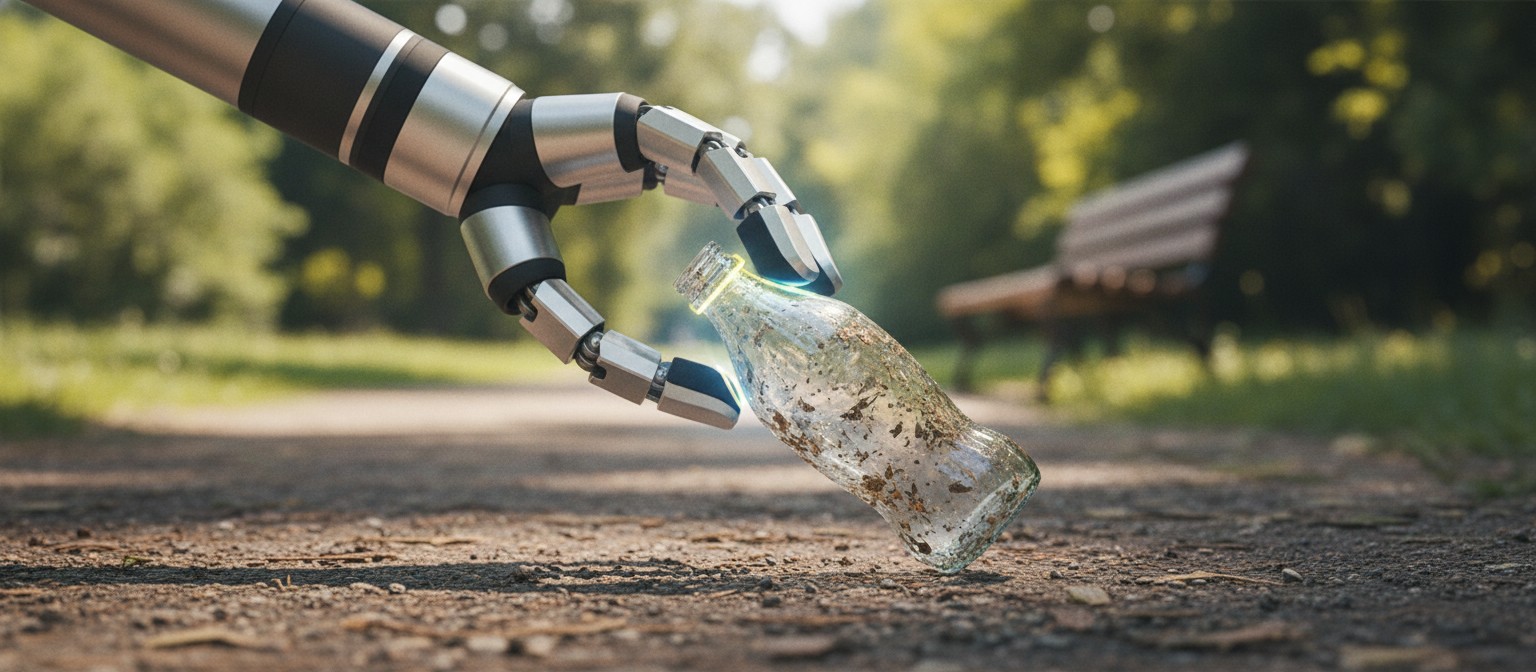 Robot arm grasping an object with visual overlay suggesting predicted state change