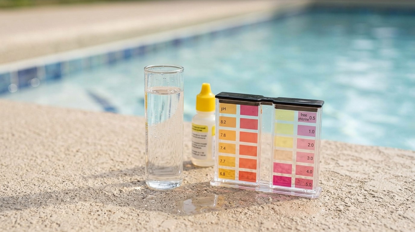 Pool water test kit with a color comparator showing pH and free chlorine readings