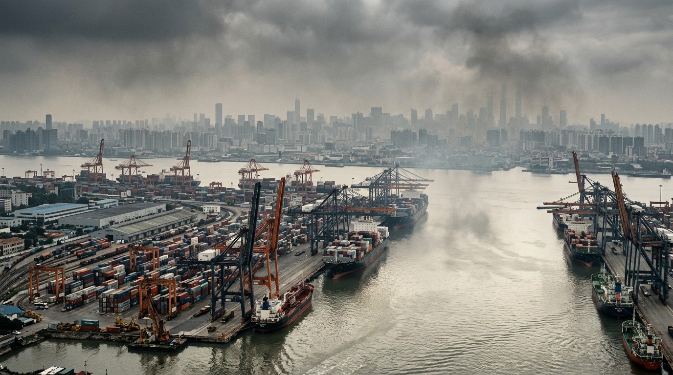 Hazy city skyline seen across a busy port with ships moored at berth