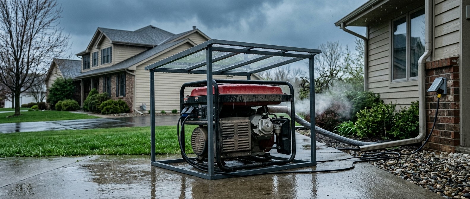 Portable generator running outdoors under a purpose-built canopy during rain, with exhaust directed away from a home